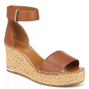 Franco Sarto Size 9W Womens Clemens Camel Ankle Strap Straw Wedge Heels Open Toe
